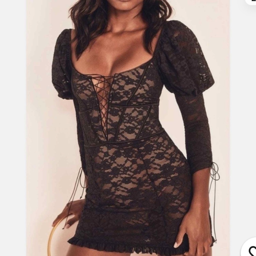 For Love and Lemons Dress Violetta Lace Up Mini Puff Sleeve Black Lace XS - Picture 1 of 8